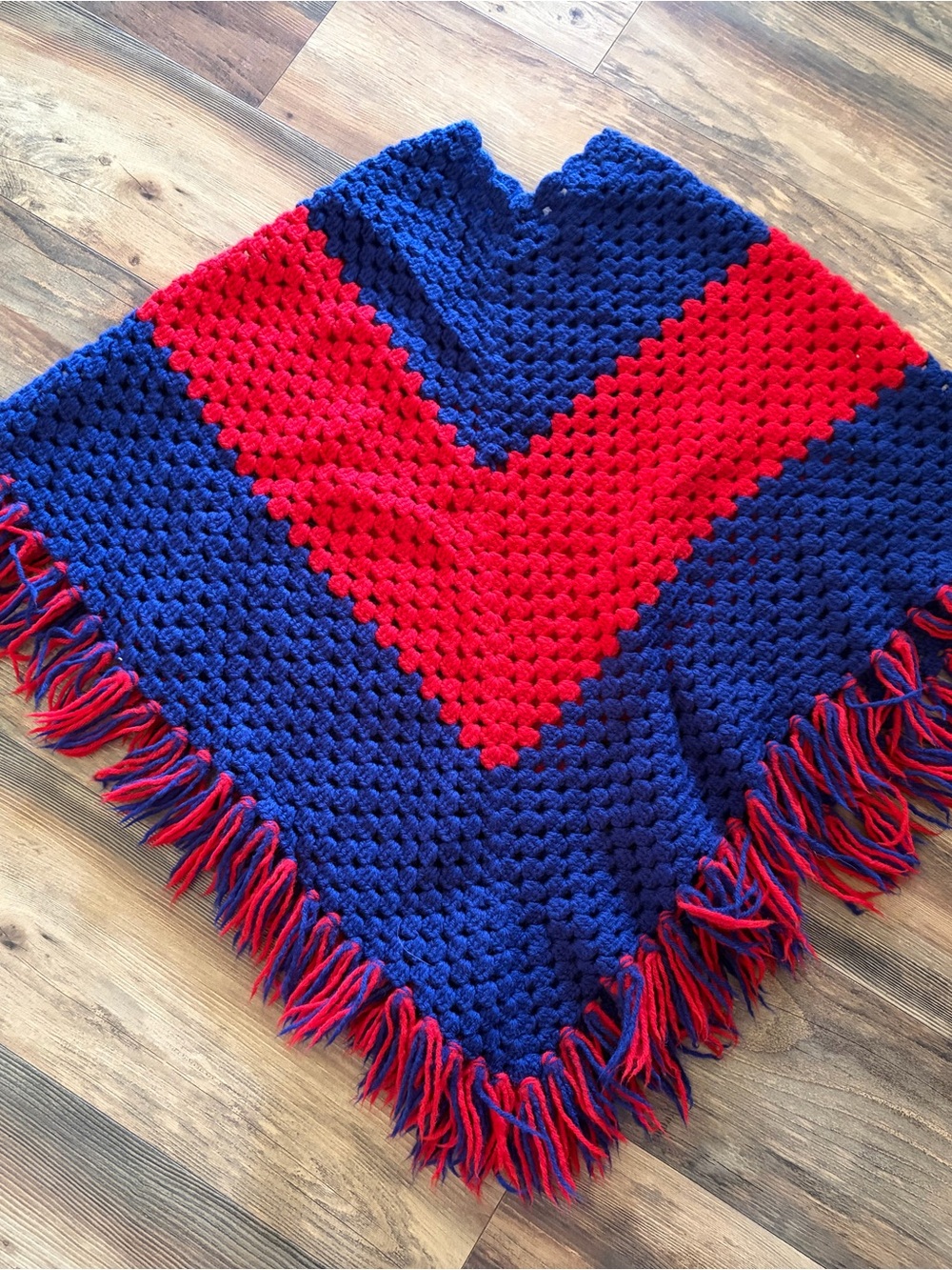 Handmade Crochet Poncho - Navy and Red